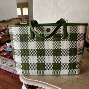 Tory Burch Blake Straw plaid tote handbag purse gently used